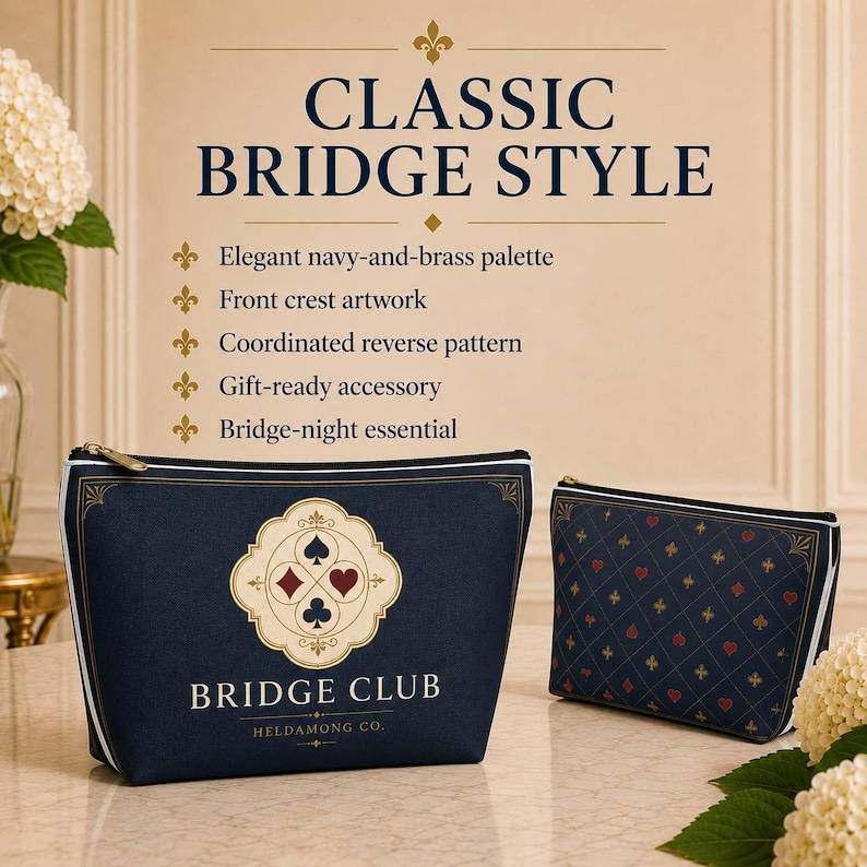 May include: Two navy blue zippered pouches with a bridge card suit theme. The larger pouch features a central crest with spade, heart, diamond, and club symbols and the text BRIDGE CLUB HELDAMONG CO. The smaller pouch has a repeating suit pattern.