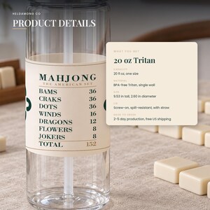 Puede incluir: Una botella de agua transparente de Tritan de 591 ml con pajita, con una etiqueta que dice Mahjong The American Set y una lista de fichas: Bams 36, Craks 36, Dots 36, Winds 16, Dragons 12, Flowers 8, Jokers 8, con un total de 152.