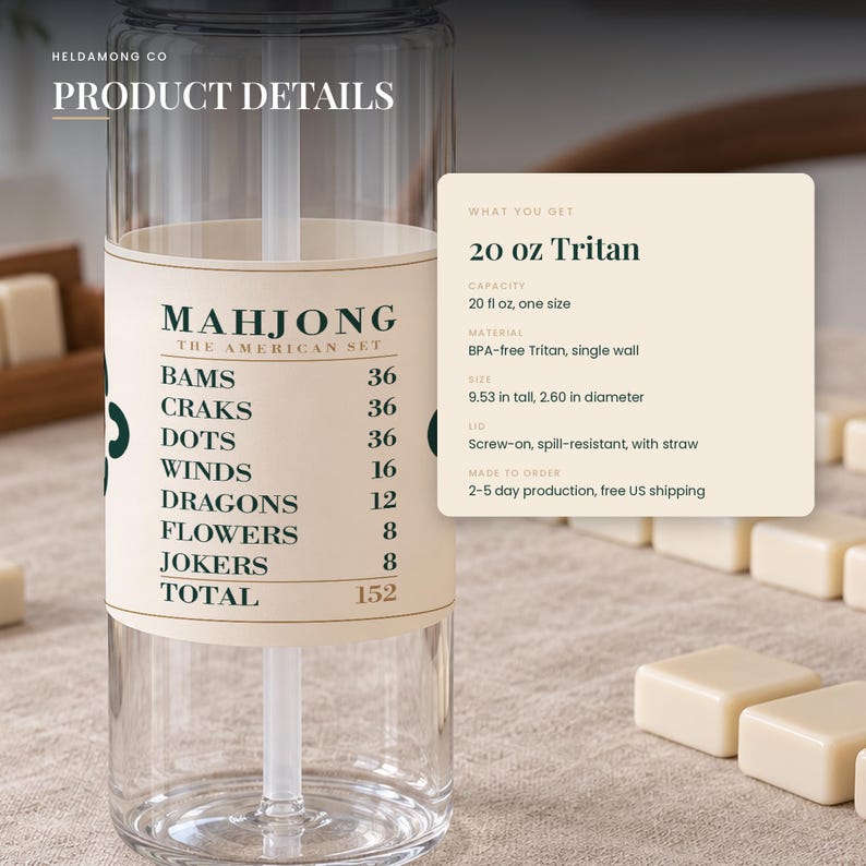 Puede incluir: Una botella de agua transparente de Tritan de 591 ml con pajita, con una etiqueta que dice Mahjong The American Set y una lista de fichas: Bams 36, Craks 36, Dots 36, Winds 16, Dragons 12, Flowers 8, Jokers 8, con un total de 152.