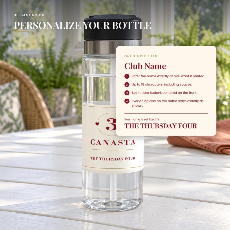 May include: A clear plastic water bottle with a black lid and a white straw. The bottle features a cream-colored label with the number 3, a small heart, the word CANASTA, and the text THE THURSDAY FOUR printed in a dark red serif font.