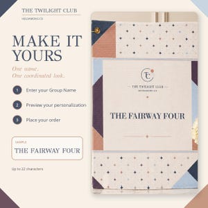 May include: A rectangular golf towel featuring a geometric pattern of stars in navy, light blue, and terracotta on a cream background. The center displays the text THE TWILIGHT CLUB and THE FAIRWAY FOUR with a brass grommet in the top corner.