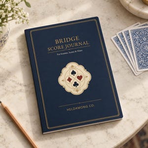 May include: A dark blue Bridge Score Journal with gold foil lettering and a central emblem featuring the four card suits. The cover displays the text BRIDGE SCORE JOURNAL, For Sessions, Scores & Notes, and HELDAMONG CO. with a thin gold border.