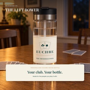 May include: A clear water bottle with a black lid and a white label featuring the text EUCHRE, THE THURSDAY FOUR, and an illustration of two playing cards showing a club and a spade. The bottle includes a straw and a metallic silver band.