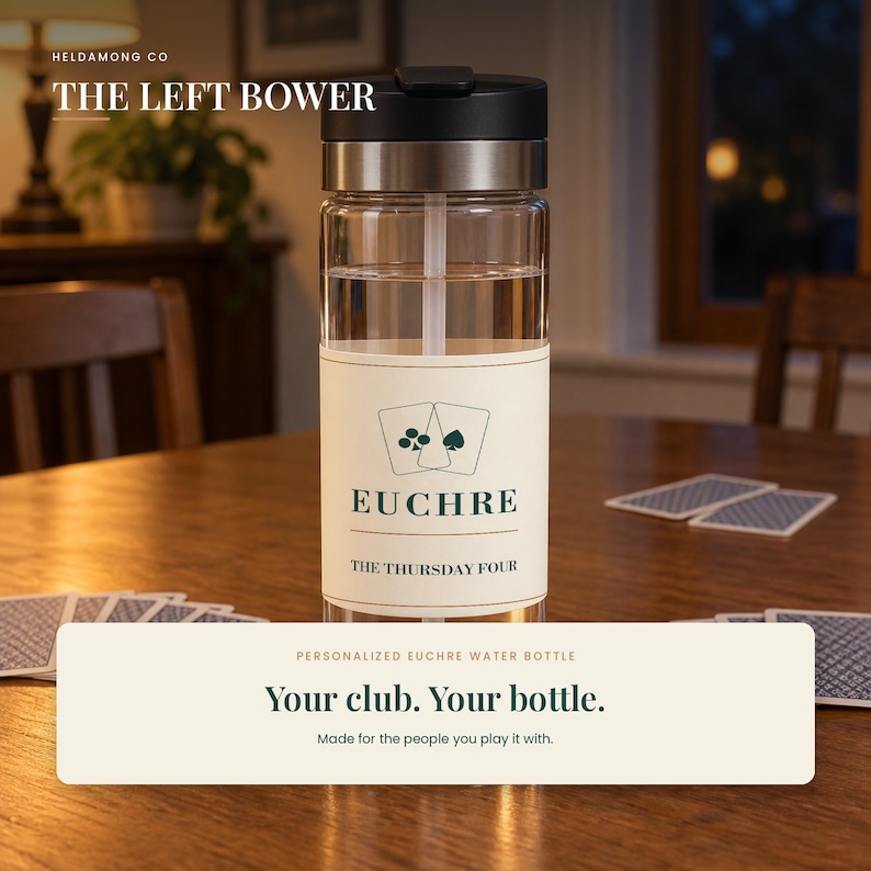 May include: A clear water bottle with a black lid and a white label featuring the text EUCHRE, THE THURSDAY FOUR, and an illustration of two playing cards showing a club and a spade. The bottle includes a straw and a metallic silver band.