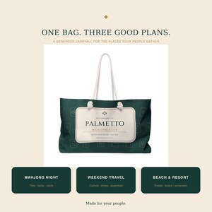 May include: A dark green tote bag with white rope handles and a central cream-colored rectangular label featuring the text PALMETTO MAHJONG CLUB. The bag surface has a repeating pattern of mahjong tile icons. Text above reads ONE BAG. THREE GOOD PLANS.