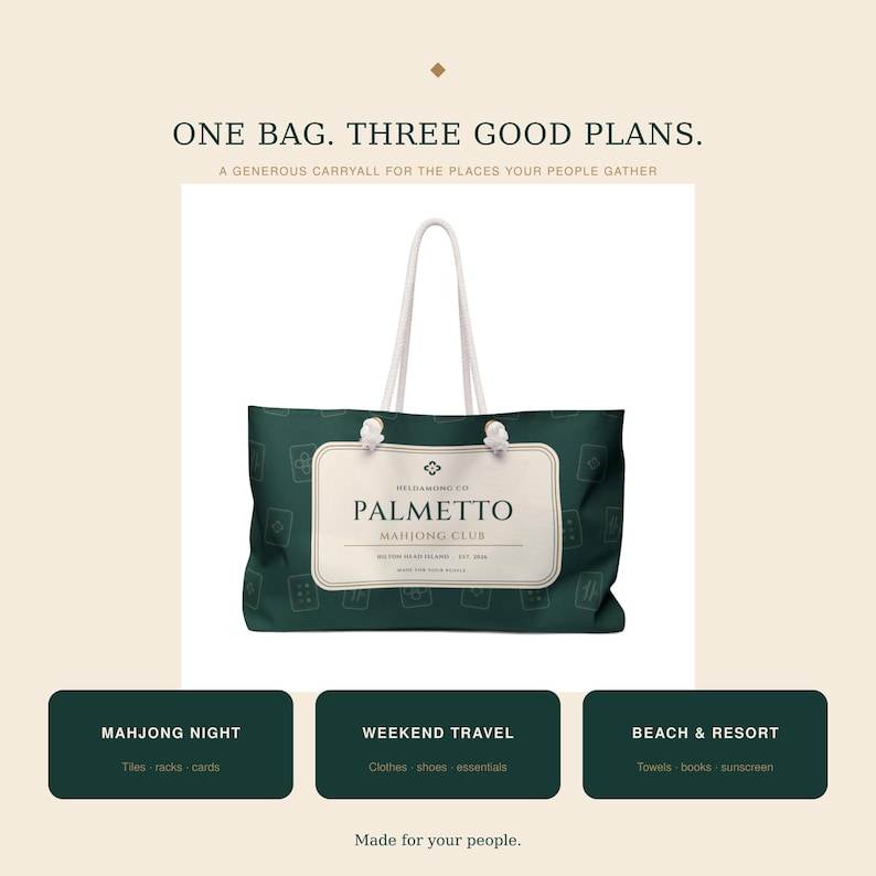 May include: A dark green tote bag with white rope handles and a central cream-colored rectangular label featuring the text PALMETTO MAHJONG CLUB. The bag surface has a repeating pattern of mahjong tile icons. Text above reads ONE BAG. THREE GOOD PLANS.