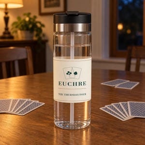 May include: A clear plastic water bottle with a black lid and a straw. The bottle features a cream-coloured label with a graphic of two playing cards, the word EUCHRE in dark green text, and the phrase THE THURSDAY FOUR printed below it.
