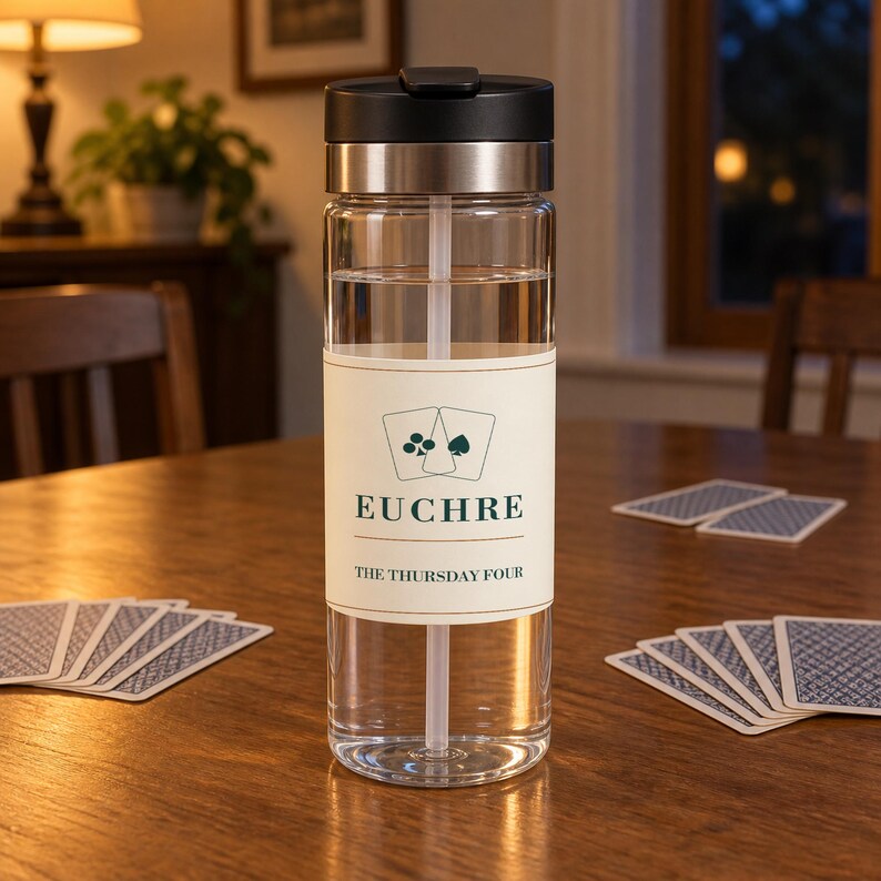 May include: A clear plastic water bottle with a black lid and a straw. The bottle features a cream-coloured label with a graphic of two playing cards, the word EUCHRE in dark green text, and the phrase THE THURSDAY FOUR printed below it.