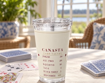 Canasta Card Values Tumbler, 16 oz Acrylic Cup with Straw, Game Night Gift
