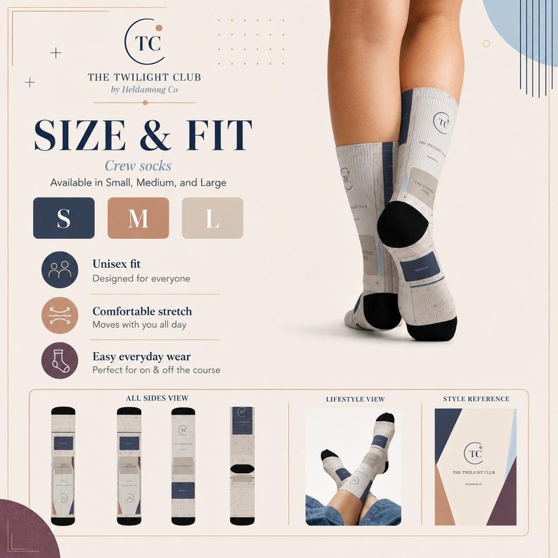 May include: Crew socks featuring a light beige base with dark blue and tan geometric accents and the text The Twilight Club by Heldamong Co. The design includes a logo, size options S, M, and L, and multiple views showing the sock pattern.