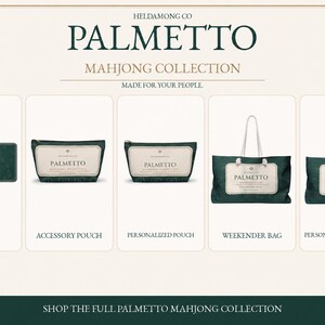 May include: A collection of dark green items from the Palmetto Mahjong Collection, including a rectangular desk mat, two zippered accessory pouches, and two large weekender bags with white rope handles, all featuring the Palmetto brand label.