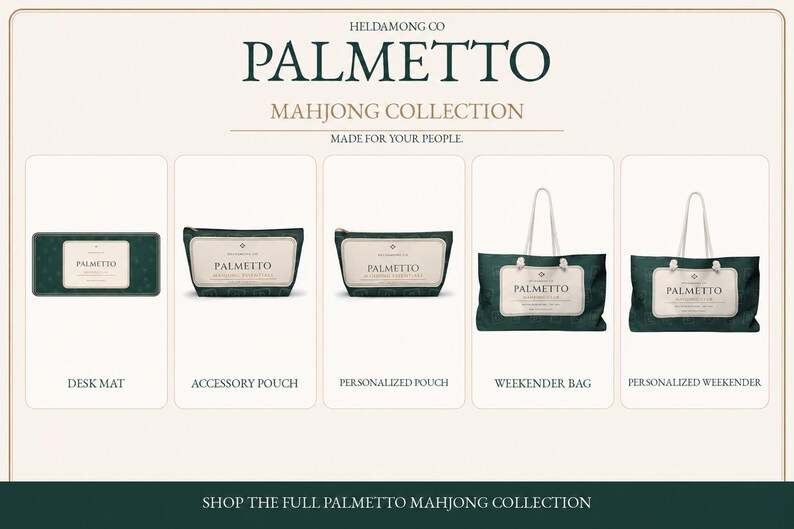 May include: A collection of dark green items from the Palmetto Mahjong Collection, including a rectangular desk mat, two zippered accessory pouches, and two large weekender bags with white rope handles, all featuring the Palmetto brand label.