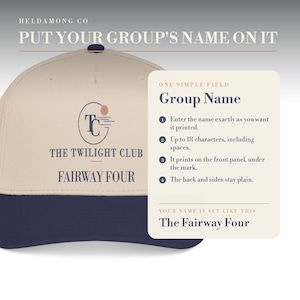 May include: A beige and navy blue baseball cap featuring a circular logo with the letters TC, the text THE TWILIGHT CLUB, and FAIRWAY FOUR. An adjacent information card explains the customization process for adding a group name to the front panel.