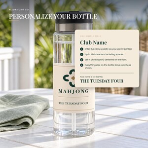 Peut inclure: Une bouteille d'eau en plastique transparent avec un couvercle noir et une &eacute;tiquette beige orn&eacute;e d'une ic&ocirc;ne de tr&egrave;fle vert fonc&eacute;, du mot MAHJONG et du texte THE TUESDAY FOUR. Une fen&ecirc;tre superpos&eacute;e donne des instructions de personnalisation.