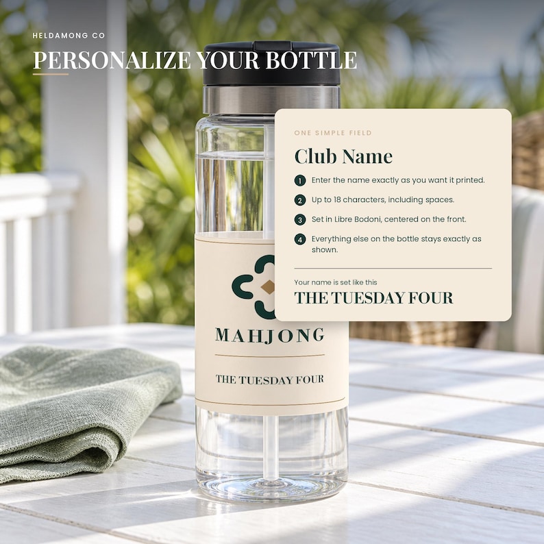Peut inclure: Une bouteille d'eau en plastique transparent avec un couvercle noir et une &eacute;tiquette beige orn&eacute;e d'une ic&ocirc;ne de tr&egrave;fle vert fonc&eacute;, du mot MAHJONG et du texte THE TUESDAY FOUR. Une fen&ecirc;tre superpos&eacute;e donne des instructions de personnalisation.