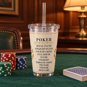 Poker Hand Rankings Tumbler, 16 oz Acrylic Cup with Straw, Poker Night Gift Bild 1