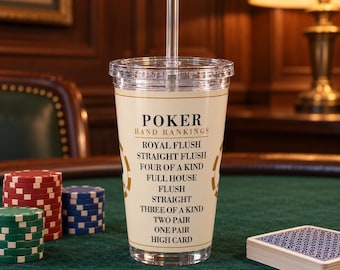 Poker Hand Rankings Tumbler, 16 oz Acrylic Cup with Straw, Poker Night Gift
