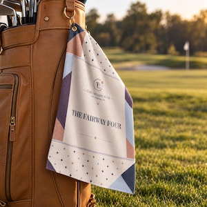 May include: A rectangular golf towel hanging from a tan leather golf bag. The towel features a geometric pattern in navy, light blue, and muted orange with small star icons. It displays the text THE TWILIGHT CLUB and THE FAIRWAY FOUR.