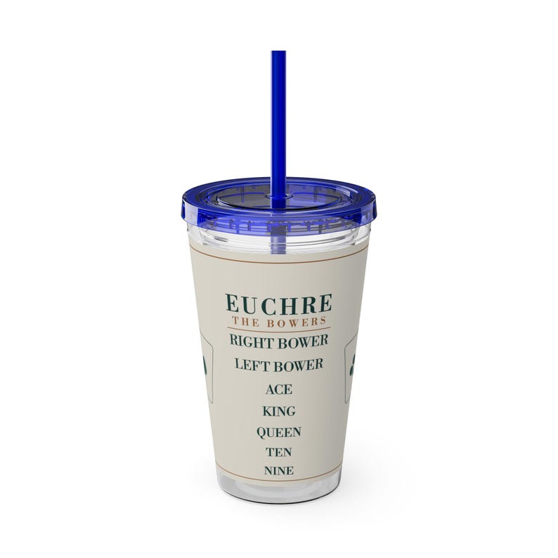 Euchre Trump Ranking Tumbler, 16 oz Acrylic Cup with Straw, Game Night Gift image 5