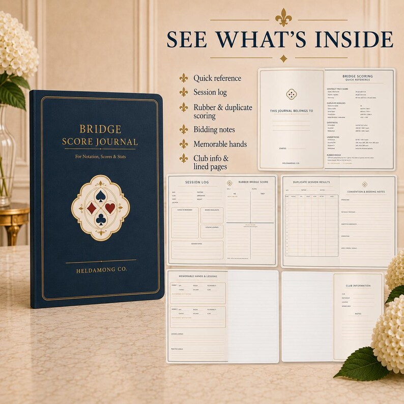 May include: A dark blue Bridge Score Journal featuring gold text and a central card suit emblem. The journal is presented with open pages displaying sections for quick reference, session logs, rubber and duplicate scoring, bidding notes, and club info.