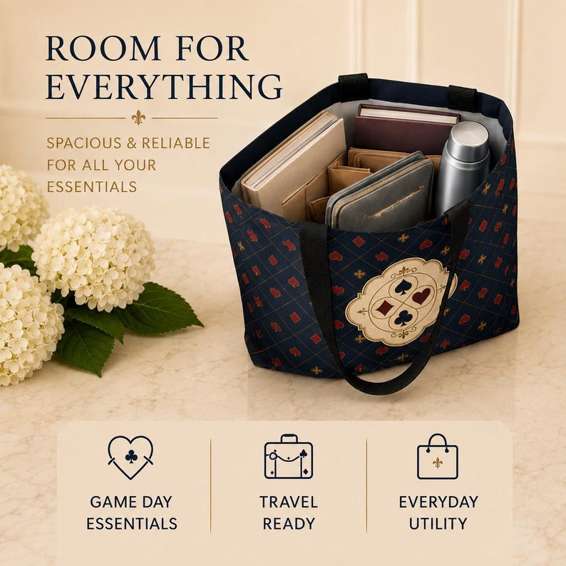 May include: A dark blue tote bag with a repeating pattern of red and black card suit symbols. The bag features a central emblem with four card suits, black handles, and internal compartments containing books, a wallet, and a silver metal bottle.