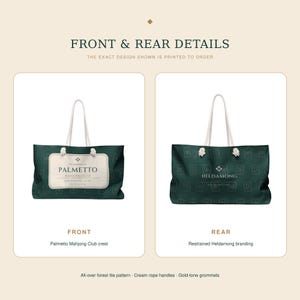 May include: A dark green tote bag with cream rope handles and gold-tone grommets. The bag features an all-over forest tile pattern. The front displays a white label with the text Palmetto Mahjong Club, while the rear shows the text Heldamong.