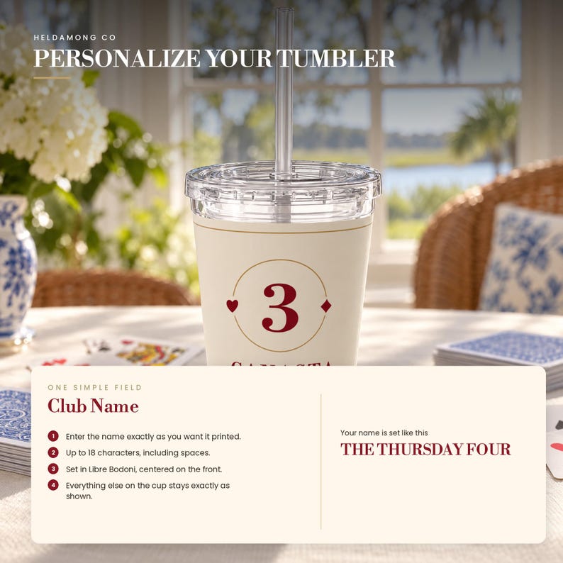May include: A clear plastic tumbler with a straw and a lid, featuring a cream-colored wrap with a red number 3 inside a gold circle, flanked by a small red heart and diamond symbol. The text reads HELDAMONG CO PERSONALIZE YOUR TUMBLER CLUB NAME.