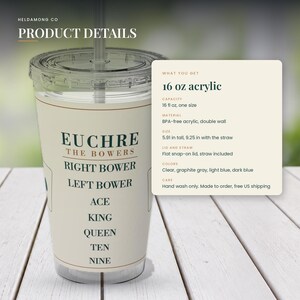 May include: A 473 ml clear acrylic double-wall tumbler with a flat snap-on lid and straw. The cup features the text EUCHRE THE BOWERS, RIGHT BOWER, LEFT BOWER, ACE, KING, QUEEN, TEN, NINE. It measures 15 cm tall, or 23.5 cm with the straw included.