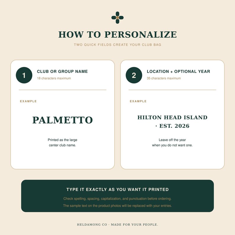 Pode incluir: Um gr&aacute;fico de instru&ccedil;&otilde;es intitulado HOW TO PERSONALIZE com dois campos numerados para uma bolsa de clube. O campo 1 solicita um nome de clube, o campo 2 solicita uma localiza&ccedil;&atilde;o e um ano opcional. Uma faixa verde escura diz TYPE IT EXACTLY AS YOU WANT IT PRINTED.