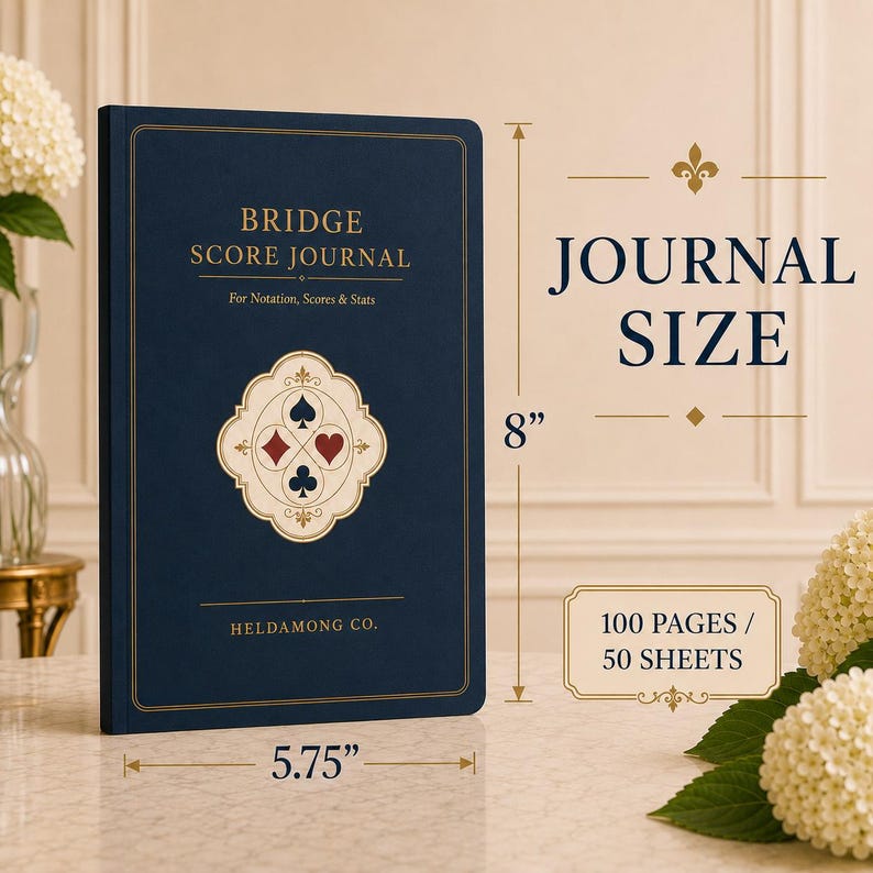 May include: A navy blue bridge score journal with gold lettering and a central card suit emblem. The cover reads BRIDGE SCORE JOURNAL, For Notation, Scores & Stats, and HELDAMONG CO. It measures 8 inches by 5.75 inches and contains 100 pages.