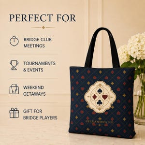 May include: A navy blue tote bag with black handles featuring a repeating pattern of red and gold card suit symbols. A central cream-coloured emblem displays the four card suits. Text reads: PERFECT FOR BRIDGE CLUB MEETINGS, TOURNAMENTS & EVENTS, WEEKEND GETAWAYS, GIFT FOR BRIDGE PLAYERS, HELDAMONG CO.