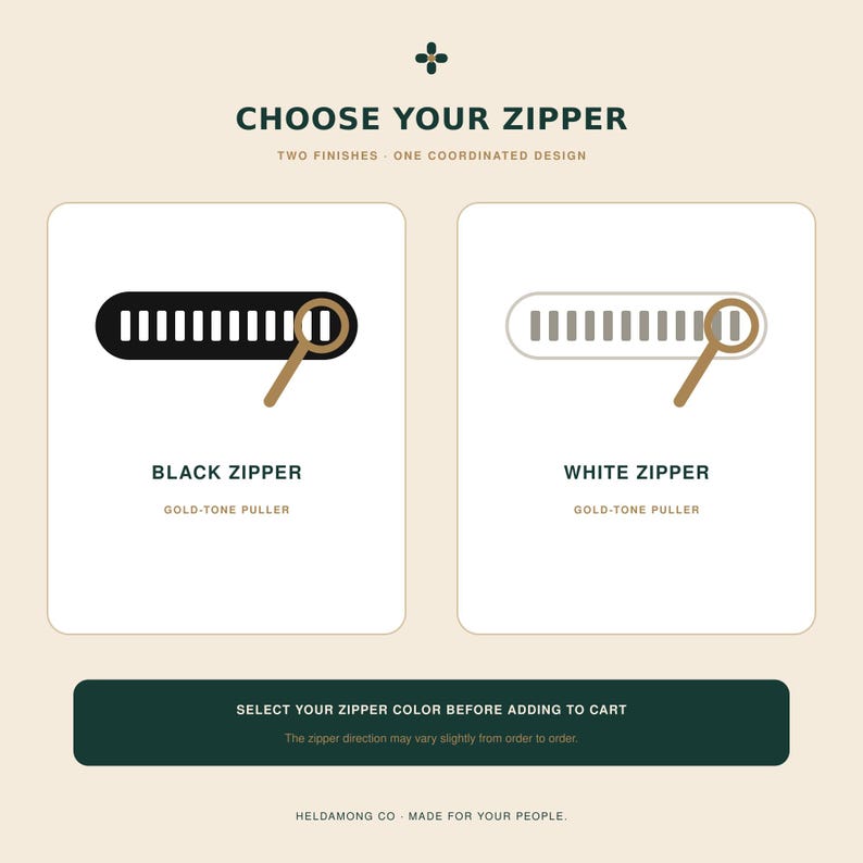 May include: A graphic display titled CHOOSE YOUR ZIPPER with two options: a black zipper with a gold-tone puller and a white zipper with a gold-tone puller. Below, a dark green button reads SELECT YOUR ZIPPER COLOR BEFORE ADDING TO CART.