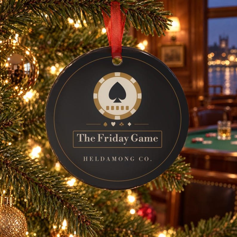 May include: A round black ceramic ornament hanging from a red ribbon. The center features a tan poker chip graphic with a spade symbol, the text The Friday Game inside a rectangular border, and the text HELDAMONG CO. printed below in white.