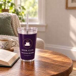 Personalized Book Club Tumbler with Straw, Custom Club Name 16 oz Acrylic Cup, Book Lover Gift image 2