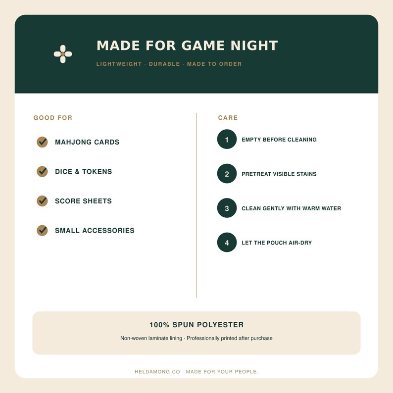 May include: A dark green and cream informational graphic titled MADE FOR GAME NIGHT. It lists uses for mahjong cards, dice, tokens, score sheets, and accessories. It provides four care steps and specifies the material as 100% spun polyester.