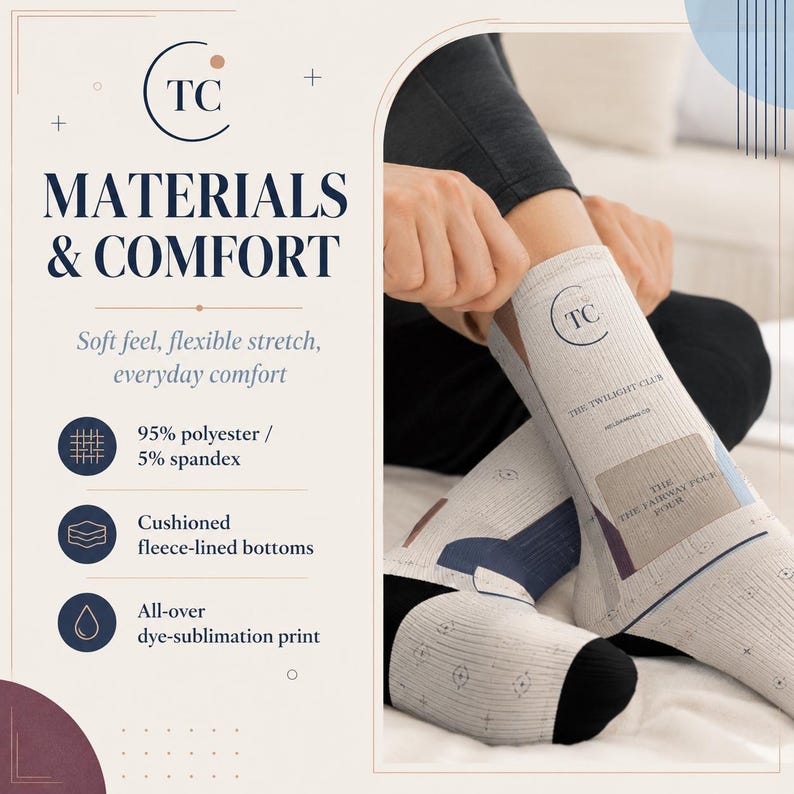 May include: A pair of light-colored crew socks featuring a dark blue logo with the letters TC and the text The Twilight Club and The Fairway Four. The socks have a ribbed texture, a black heel and toe, and a graphic print of geometric shapes.
