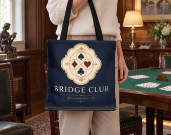 Bridge Club Tote Bag, Navy Four-Suit Crest, 16x16 Polyester Christmas Gift