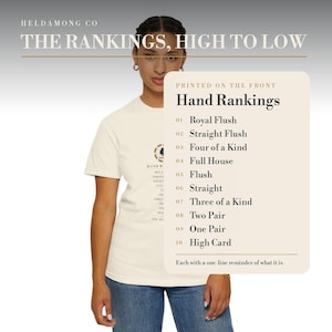 May include: A cream-colored short-sleeve t-shirt featuring a graphic print of poker hand rankings. The text lists 01 Royal Flush, 02 Straight Flush, 03 Four of a Kind, 04 Full House, 05 Flush, 06 Straight, 07 Three of a Kind, 08 Two Pair, 09 One Pair, 10 High Card.