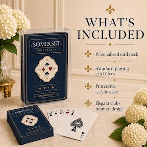 Puede incluir: Una baraja de cartas Somerset Bridge Club en un estuche de acr&iacute;lico transparente, con una caja a juego y un abanico de cartas que muestra el as de picas. El texto dice: WHAT'S INCLUDED, Personalized card deck, Standard playing card faces, Protective acrylic case, Elegant club-inspired design.