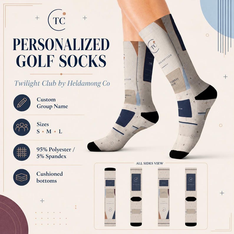 May include: Beige crew socks with a ribbed texture, featuring dark blue and tan geometric accents, black heels and toes, and a small circular logo. The socks are displayed on legs and in a four-view panel showing the front, back, and sides.