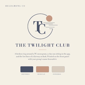 May include: A graphic design featuring the text HELDAMONG CO at the top and THE TWILIGHT CLUB below a logo of a TC monogram inside a broken circle with a clay sun and horizontal lines. Three color swatches labeled DEEP INDIGO, BLUSH CLAY, and STONE BEIGE.