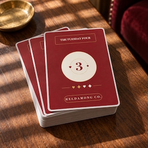 May include: A deck of playing cards with a deep red background and cream-coloured accents. The top card features the text THE TUESDAY FOUR, a central circle with the number 3, small suit symbols, and the brand name HELDAMONG CO. at the bottom.