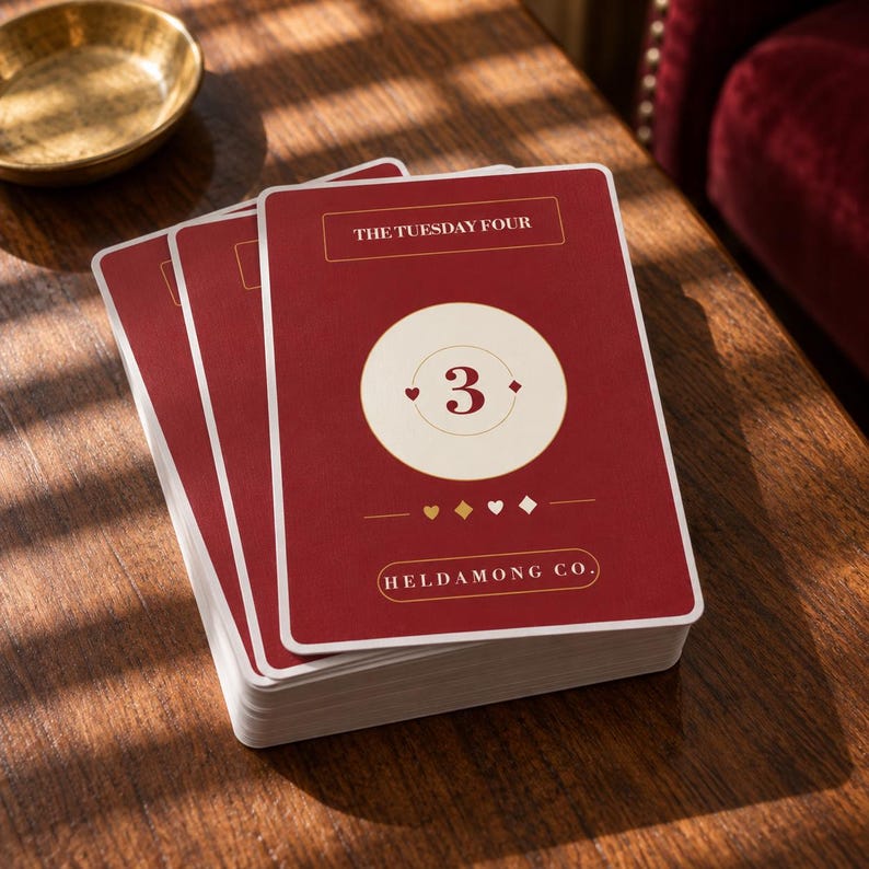 May include: A deck of playing cards with a deep red background and cream-coloured accents. The top card features the text THE TUESDAY FOUR, a central circle with the number 3, small suit symbols, and the brand name HELDAMONG CO. at the bottom.