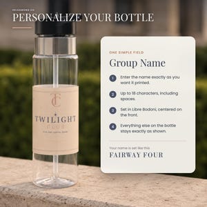 May include: A clear plastic water bottle with a black lid and a straw, featuring a beige label with the text TWILIGHT CLUB. Beside it, a white informational card displays instructions for personalizing the bottle with a group name.