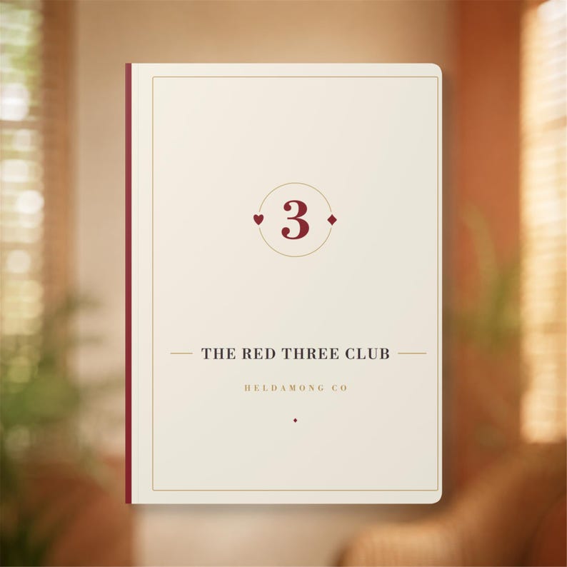 May include: A rectangular notebook with a cream-colored cover featuring a dark red vertical stripe on the left edge. The center displays the number 3 inside a circle, flanked by a heart and diamond symbol, with the text THE RED THREE CLUB and HELDAMONG CO.