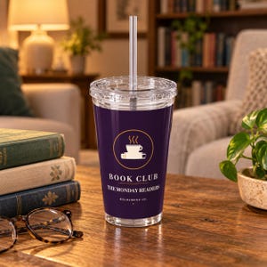 Personalized Book Club Tumbler with Straw, Custom Club Name 16 oz Acrylic Cup, Book Lover Gift image 1