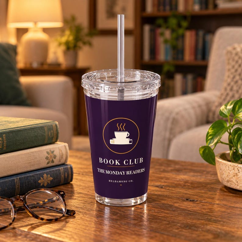 Personalized Book Club Tumbler with Straw, Custom Club Name 16 oz Acrylic Cup, Book Lover Gift image 1