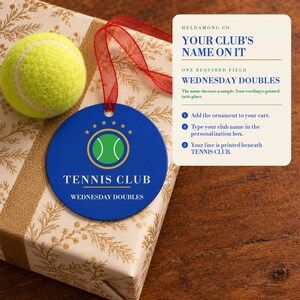 Personalisierter Tennis-Weihnachtsschmuck, individueller Vereinsname, Geschenk für Tennisteams, zweiseitiger Metallschmuck, Geschenk für Tennisspieler Bild 3