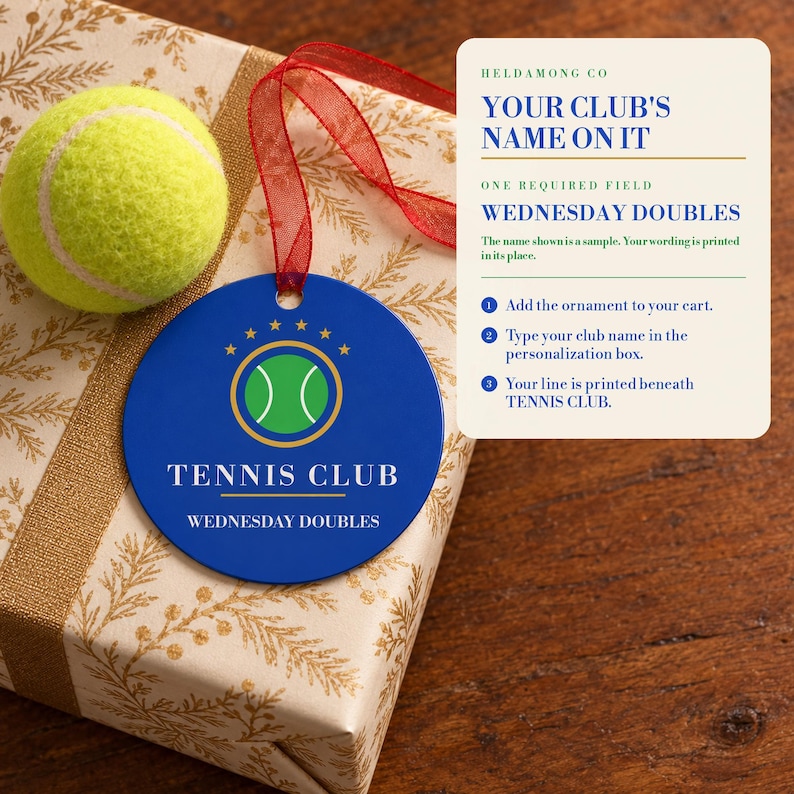Personalisierter Tennis-Weihnachtsschmuck, individueller Vereinsname, Geschenk für Tennisteams, zweiseitiger Metallschmuck, Geschenk für Tennisspieler Bild 3