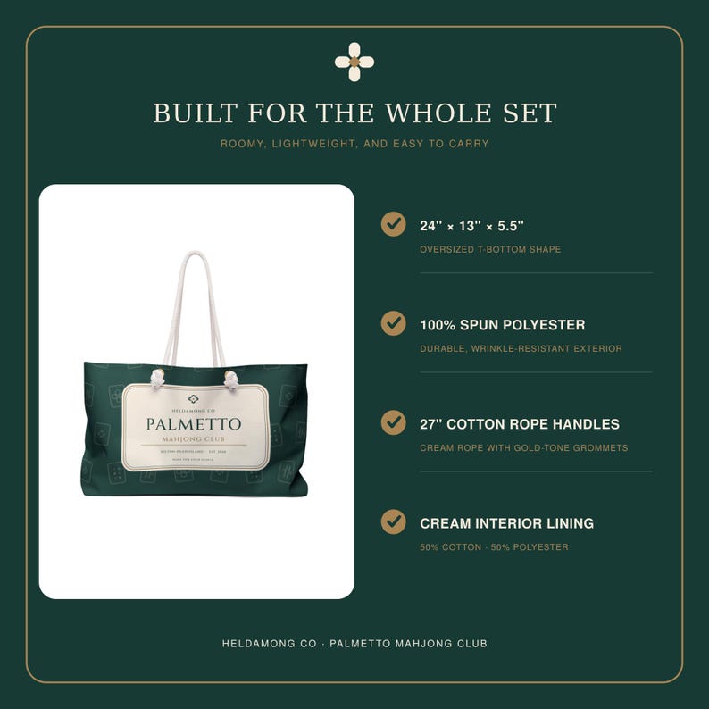 May include: A dark green tote bag with a cream-colored rectangular label reading Palmetto Mahjong Club. The bag features white cotton rope handles, an oversized T-bottom shape measuring 24 inches by 13 inches by 5.5 inches, and a cream lining.